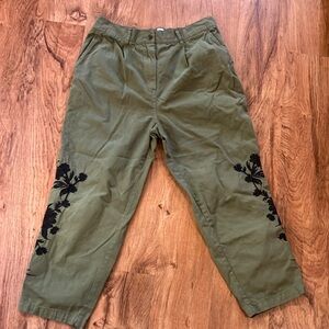 Zara woman Olive Green Casual Pants with Black Embroidery cropped size 6